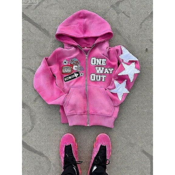Hot Pink Zip-Up Hoodie with One Way Out Print and Star Appliqué