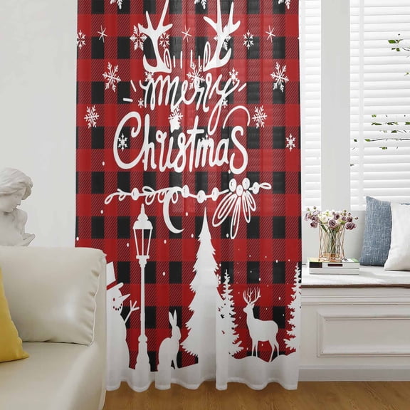 Christmas Semi Sheer Curtains Drapes for Living Room,Bedroom,French Doors Window 54 Inches Long,Winter Snowman Snowflake Xmas Trees Red Plaid Rod Pocket Chiffon Curtain Drapery Voile Draperies Panel