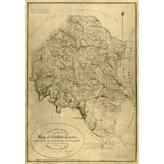 Historic County Map - Stafford County Virginia - Campbell 1864 - 23 x 33.15 - Vintage Wall Art