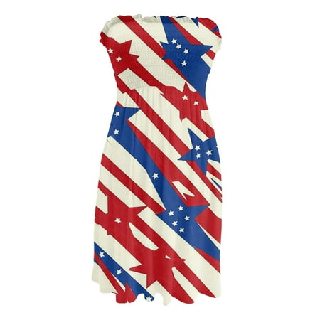 CHCNHAC Independence Day Summer Dresses for Women 2025 Stars and Stripes Print Dresses Patriotic Cute Flowy Swing Strapless Wedding Guest Dress Red M