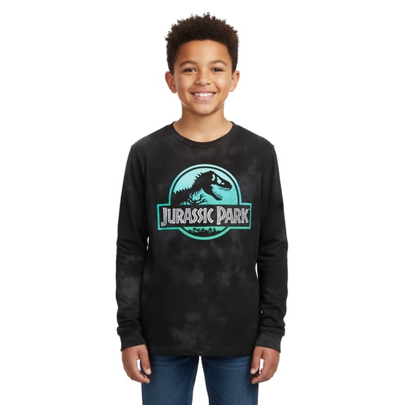Jurassic Park T-Shirt Boys' Acid Washed Logo Design Long Sleeve Tee