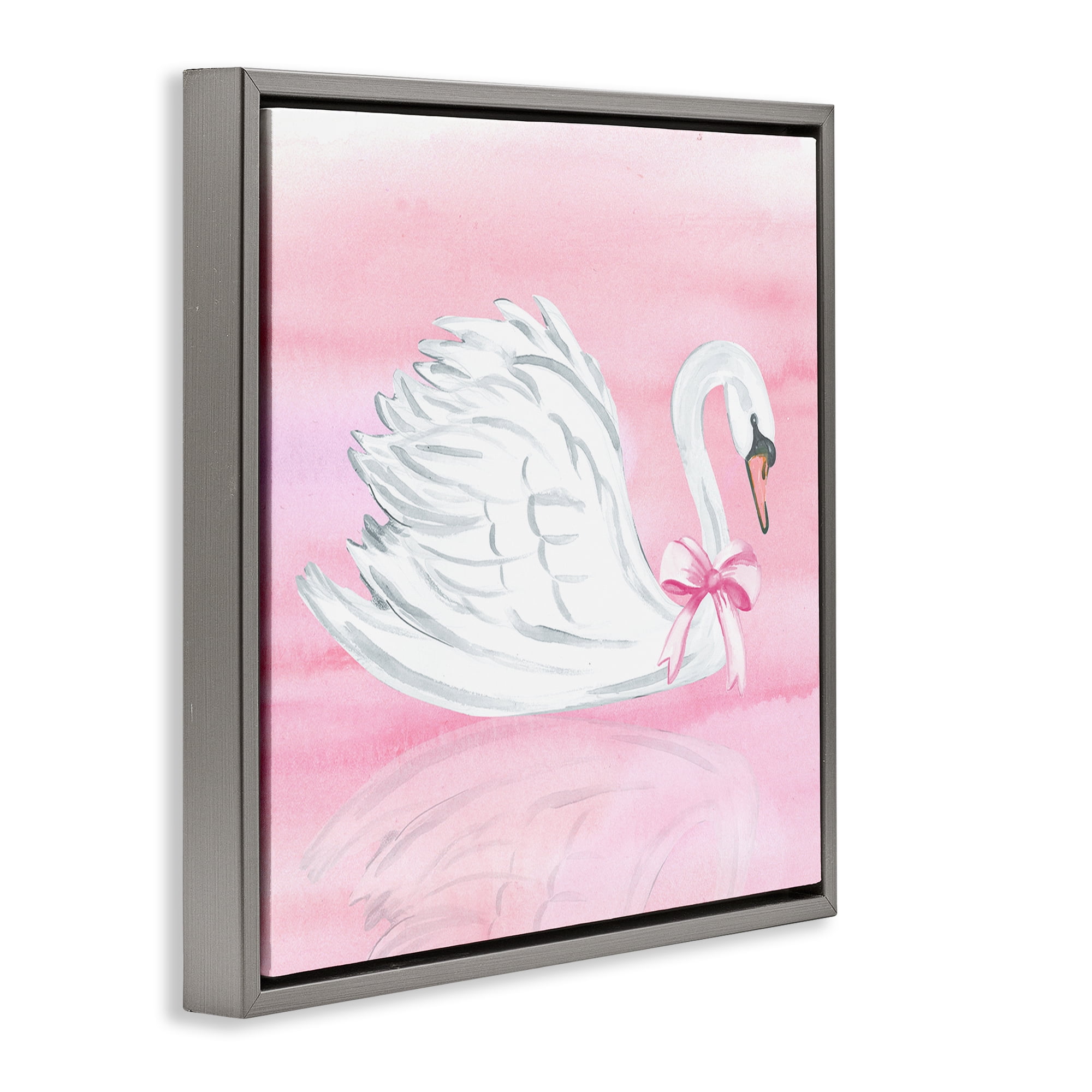 Stupell Industries Pink Bow Swan Gray Framed Floater Canvas Wall Art, design by Corinne Haig