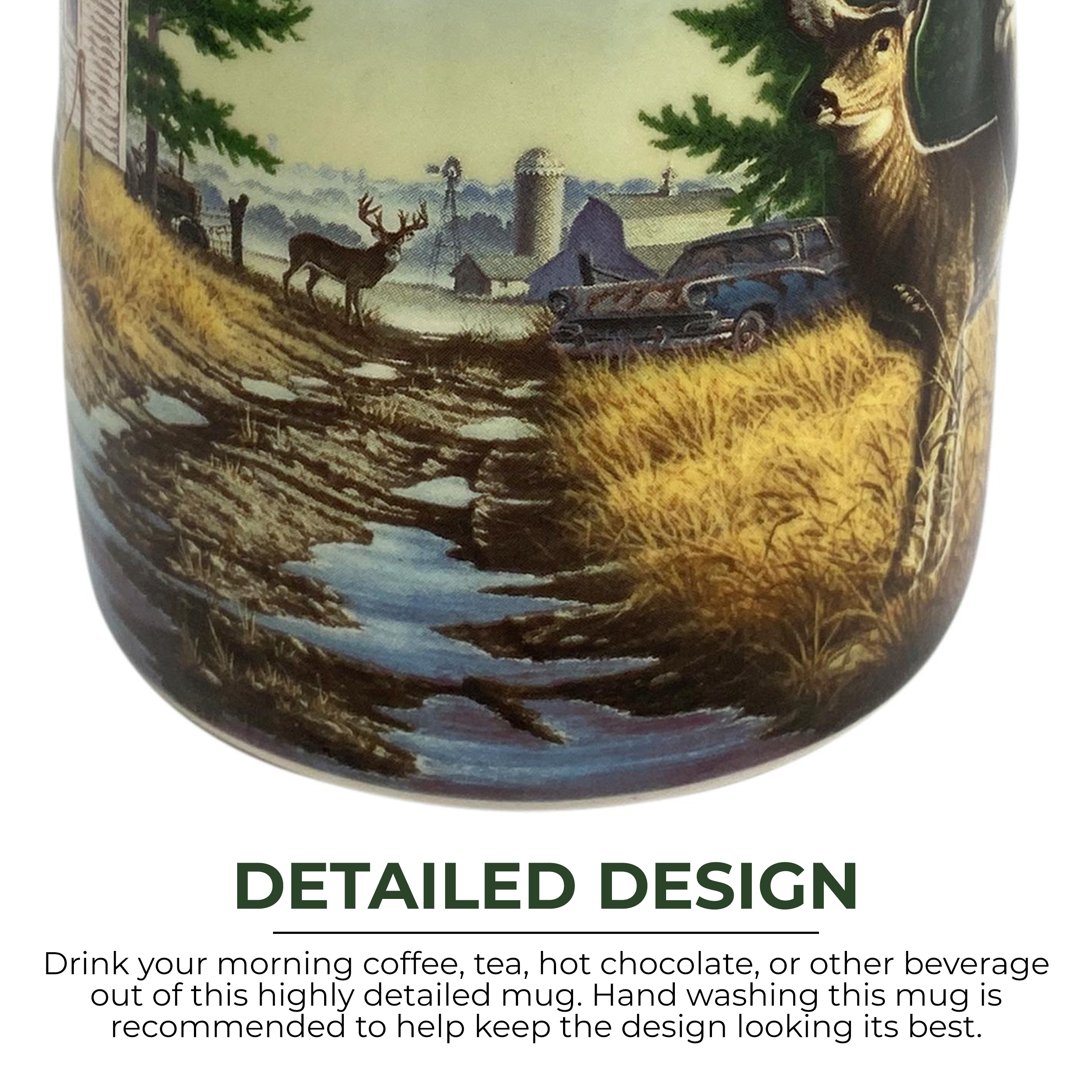 Rivers Edge Products Whitetail Deer 3D Ceramic Coffee Mug with Handle, 15 Ounces, Espresso Cups and Coffee Cups Ceramic, Perfect for Coffee, Expresso, Latte, or Tea, Deer on Farm