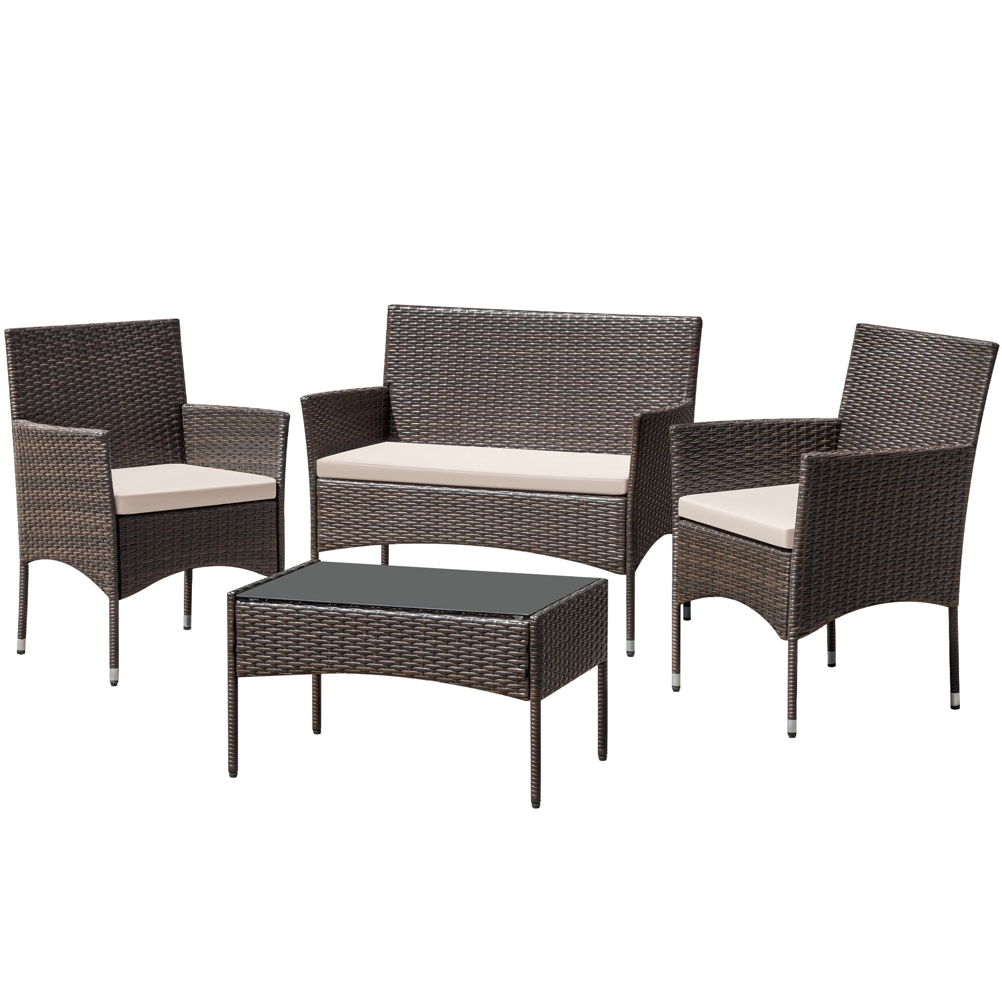 Homall 4 Pieces Outdoor Patio Furniture Brown PE Rattan Wicker Table and Chairs Set Backyard Poolside Garden Porch Sets with Cushioned, Beige Cushion