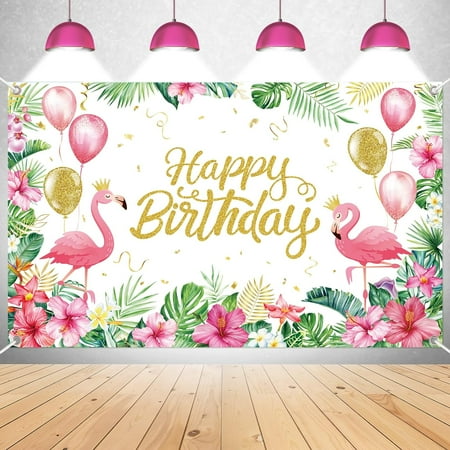 Happy Birthday Background - Female Birthday Decorations Flamingo Tropical Plants Photo Background Birthday Party Banner Decorations- White