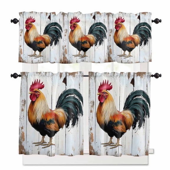 Vintage Rooster Kitchen Curtains and Valances Set, Colorful Chicken White Wooden Broad Rod Pocket Window Valance 18 Inch Window Curtain Panels for Living Room Bedroom Laundry, 27.5x24in, 3 Pieces
