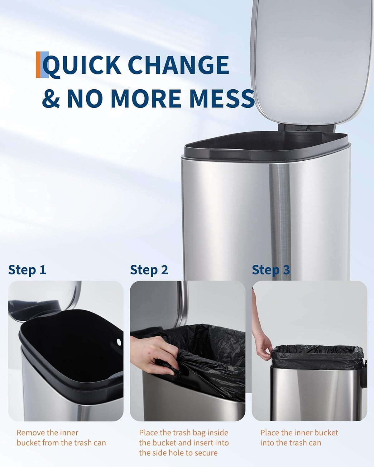 13 gal Slim Trash Can, Step Garbage Can with Soft-Close Lid, Stainless Steel Recycling Bin Waste Container with Removable Inner Bucket for Kitchen, Bathroom, Office (Silver)