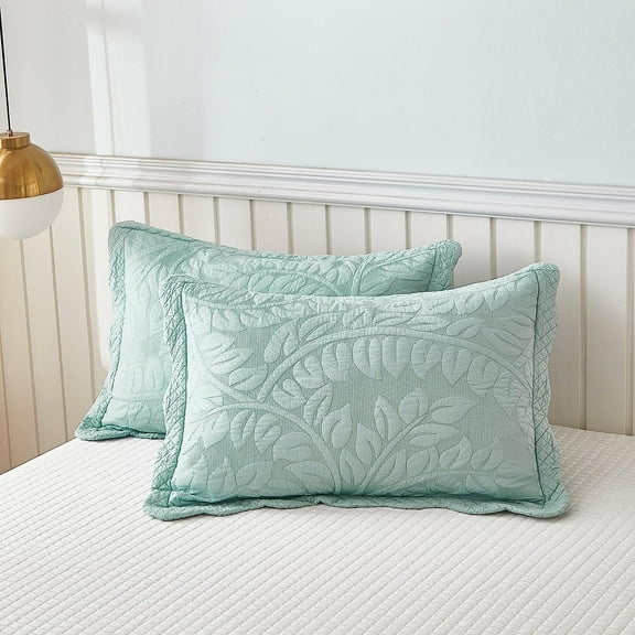 Bilot 2-Piece 100% Cotton Quilted Pillow Shams Embroidered Farmhouse Pillow Shams (King, Aruba Blue)