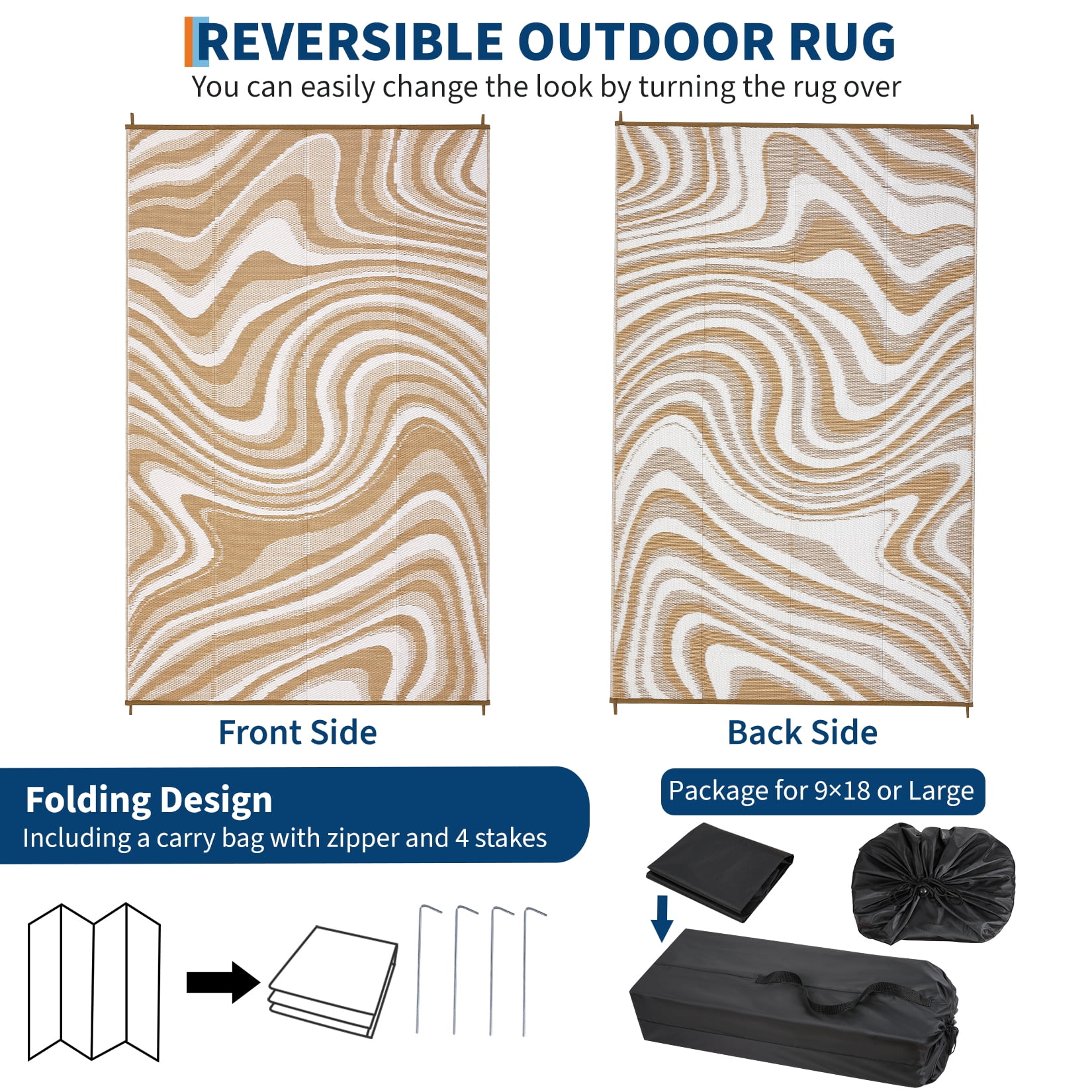 Hasoo 10' x 14' Brown/White Outdoor Rug for Patio Decor Waterproof Plastic Straw Modern Geometric Carpet PP Tube Woven Portable Camping Mat for Picnic Balcony
