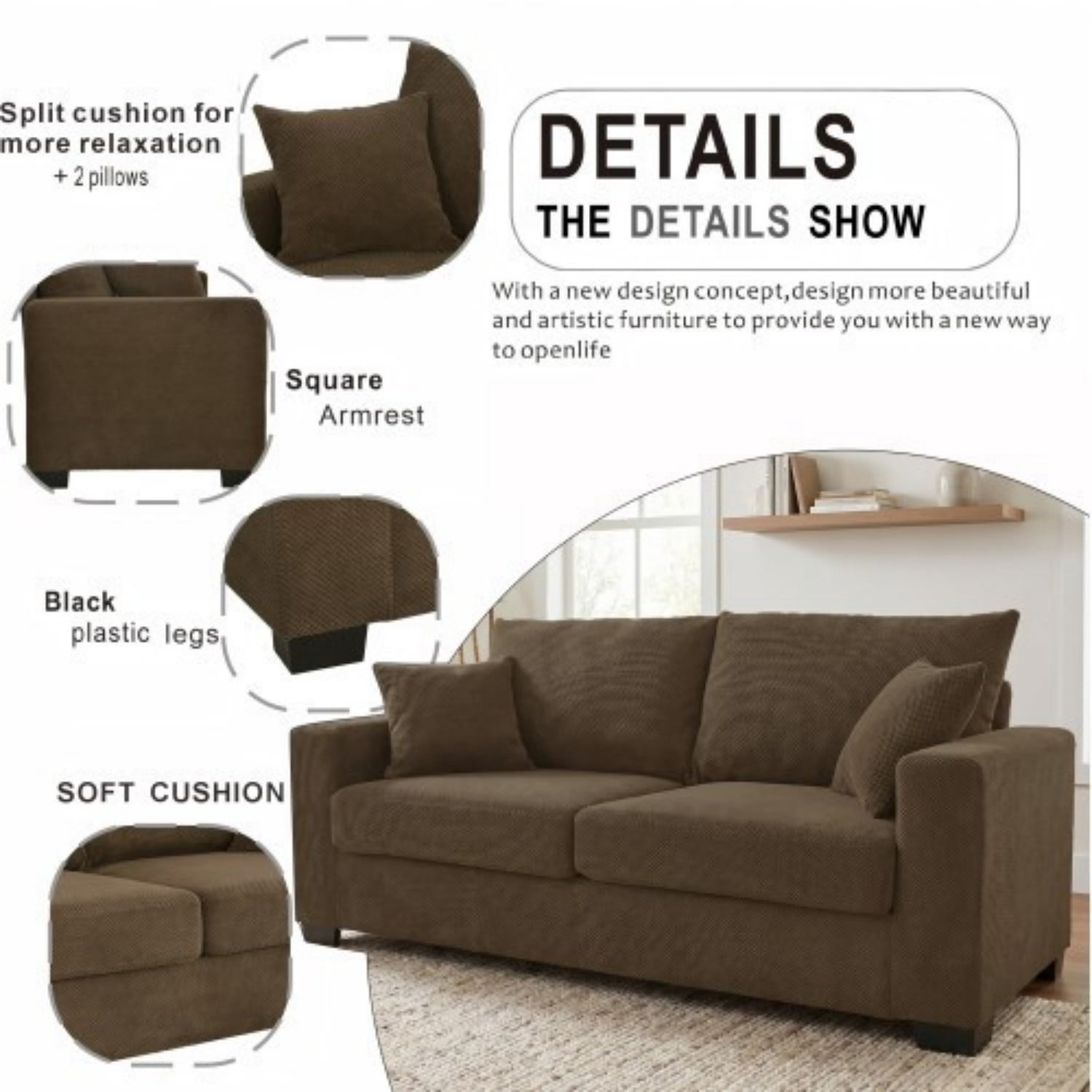 69" Two Seater Sofa Couch Upholstered Textured Fabric Loveseat with 2 Throw Pillows for Living Room Apartment Office, Coffee