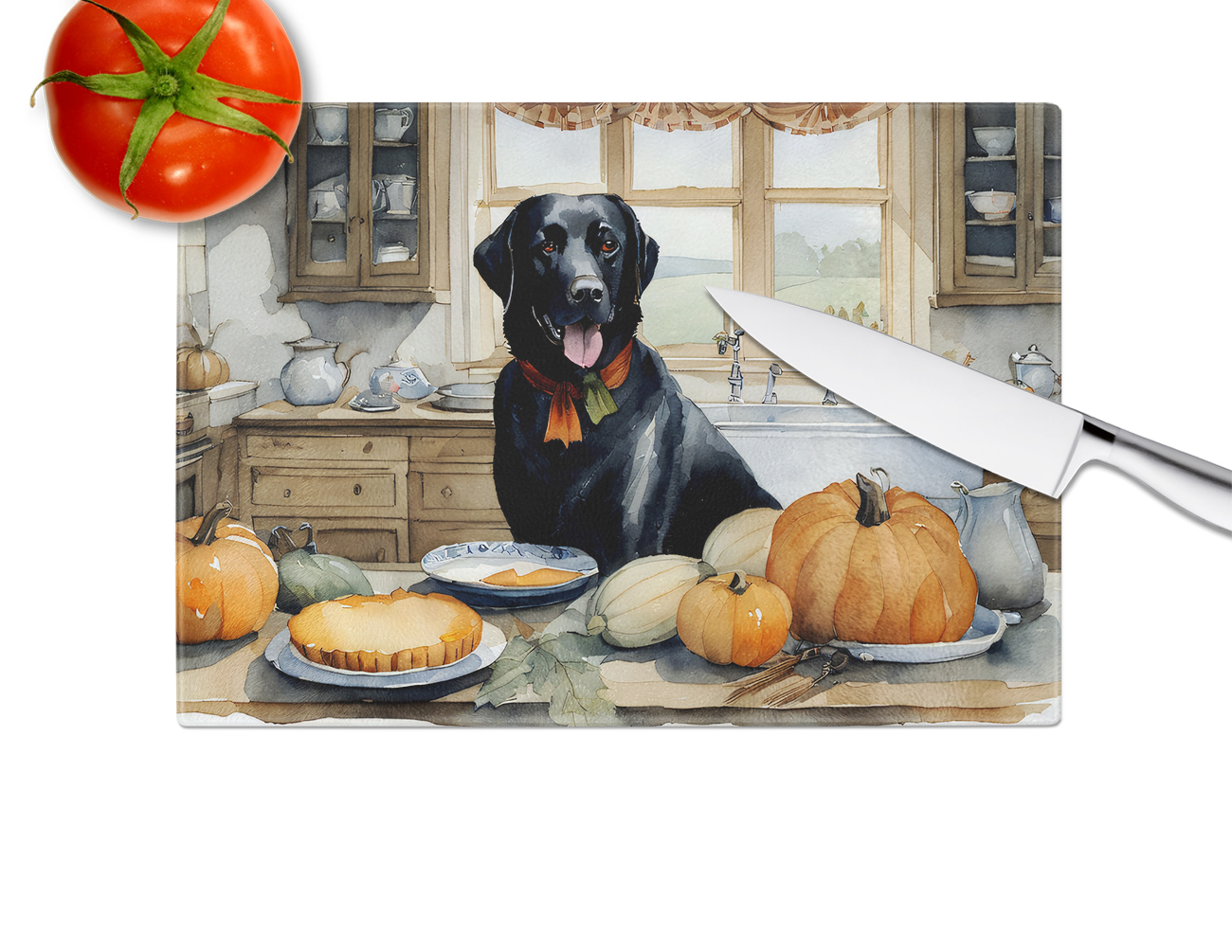 Black Lab Fall Kitchen Pumpkins Glass Cutting Board Large 12 in x 15 in