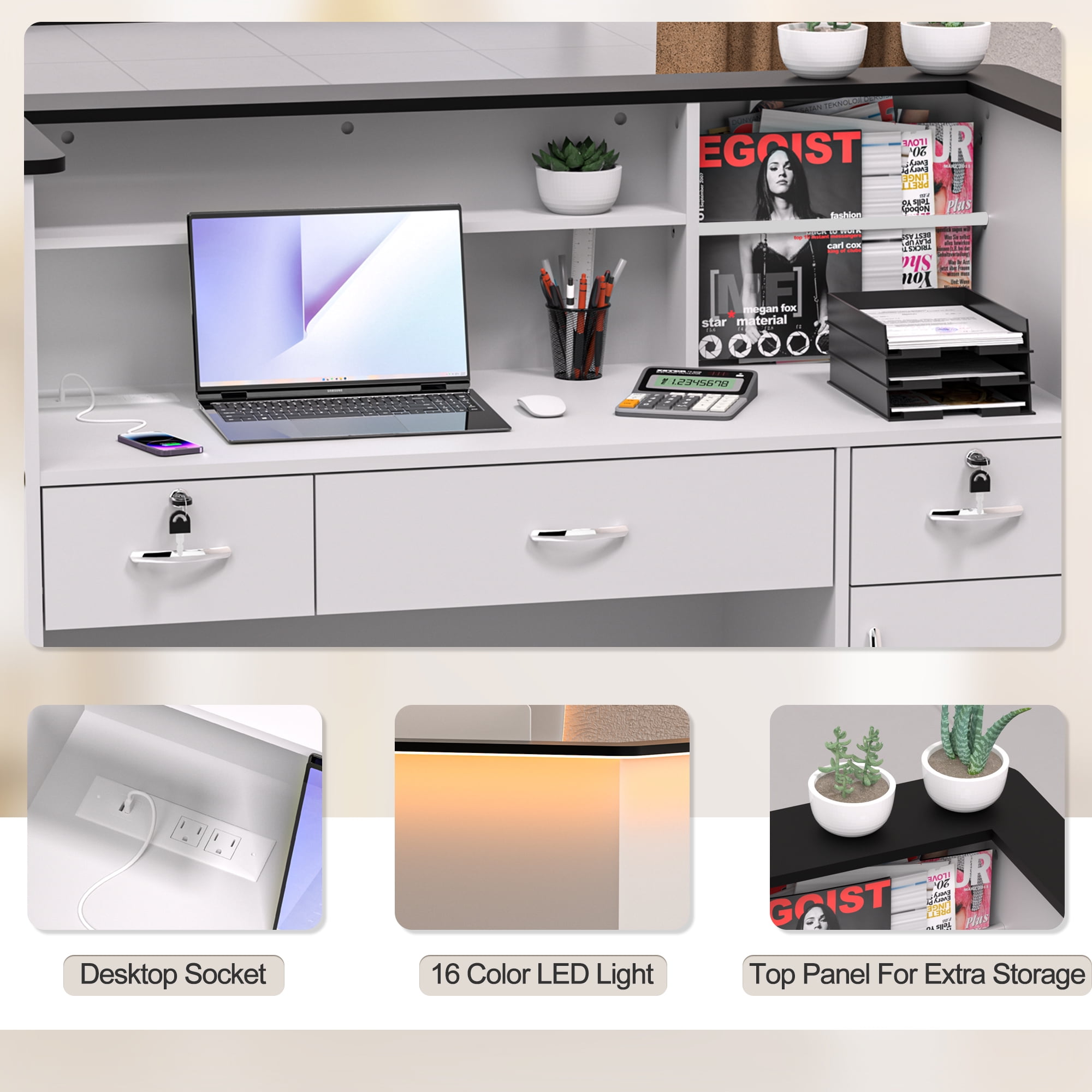 HARIPUL 50-inch Reception Desk with Counter, Front Desk Office Desk with Storage Shelves & LED Lights, White