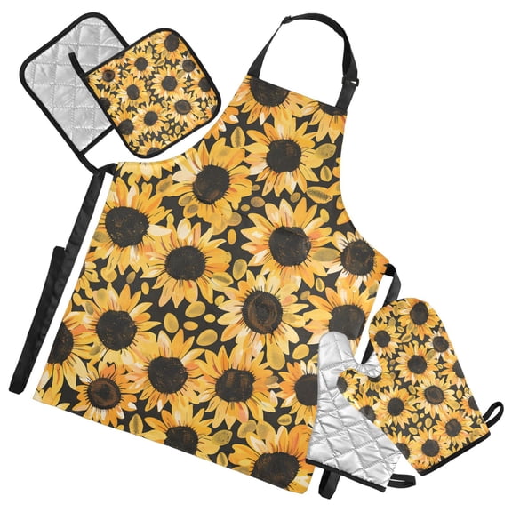 Hand Drawn Sunflowers 5 Pcs Kitchen Set Heat Resistant Oven Mitts and Non-Slip Pot Holders with Adjustable Cooking Apron