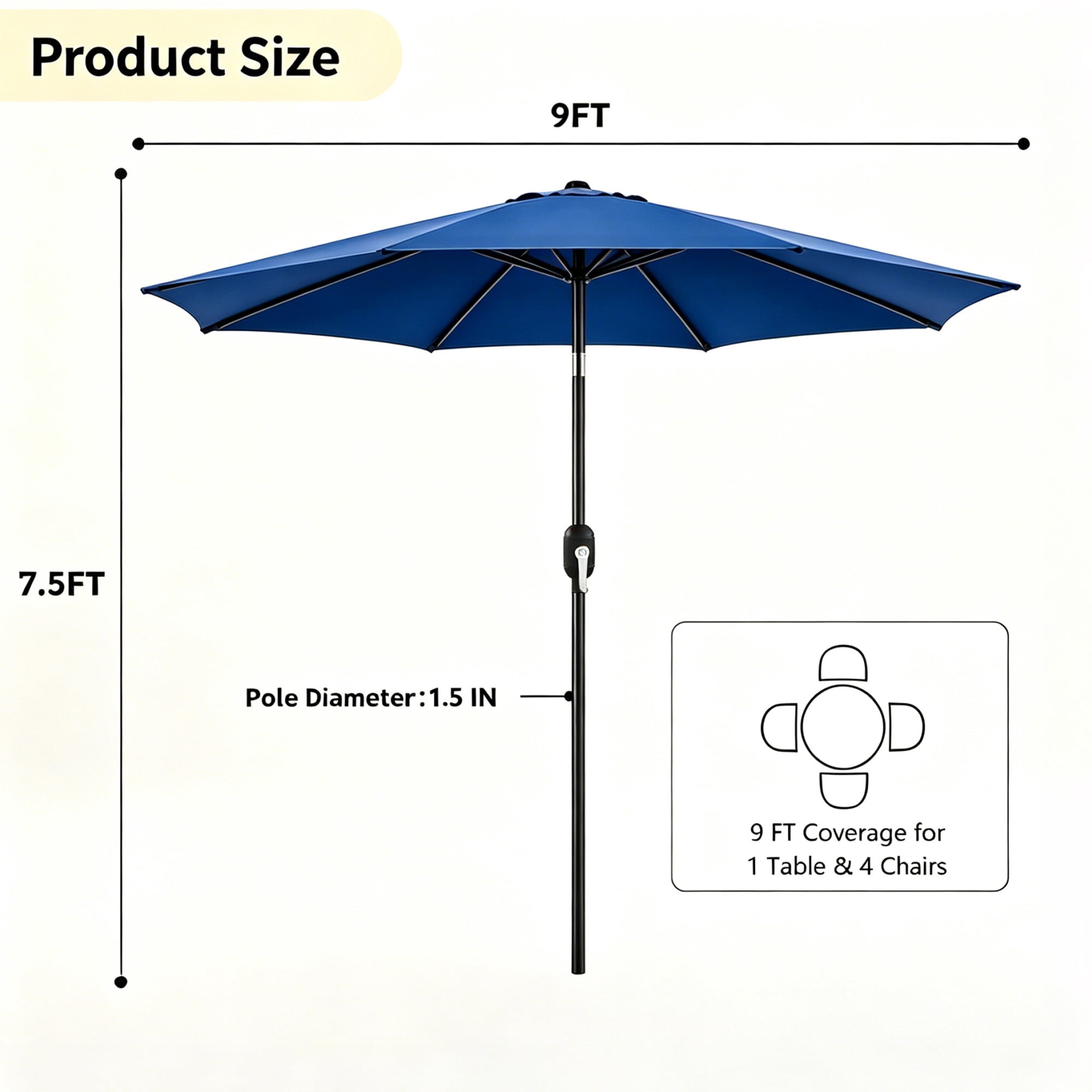 Kool 9 ft Outdoor Patio Market Umbrella with Push Button Tilt and Crank Handle, 8 Steel Ribs, Blue