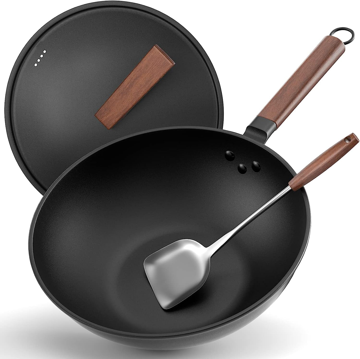 Nonstick Wok, 13-Inch Carbon Steel Wok Pan with Lid Woks Stir-Fry Pans No Chemical Wok Spatula Flat - Walmart.com