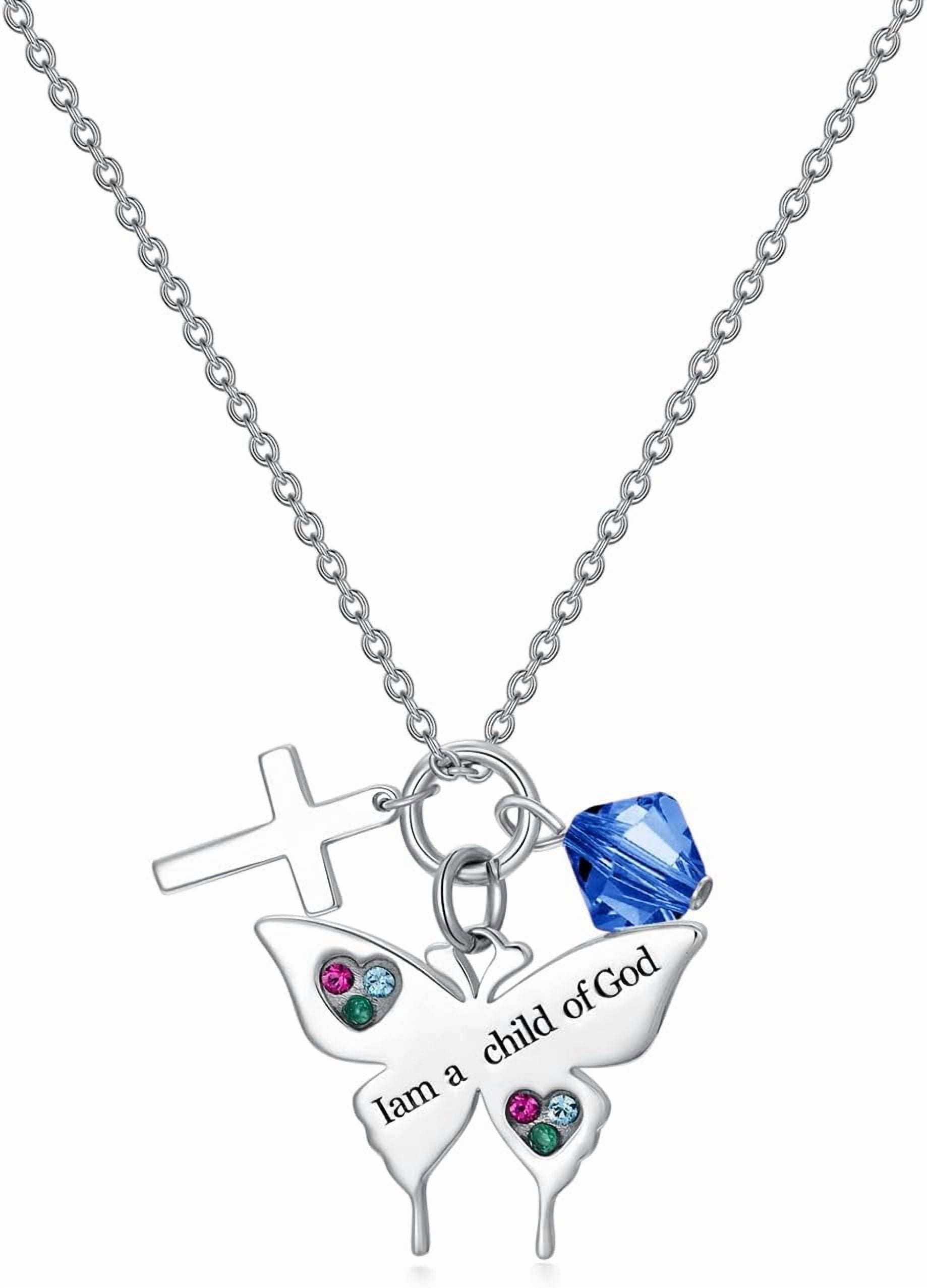 SISGEM 925 Sterling Silver Cross Butterfly Necklace Baptism Communion Birthday Conformation Gifts for Daughter Granddaughter Niece with 12 Birthstones