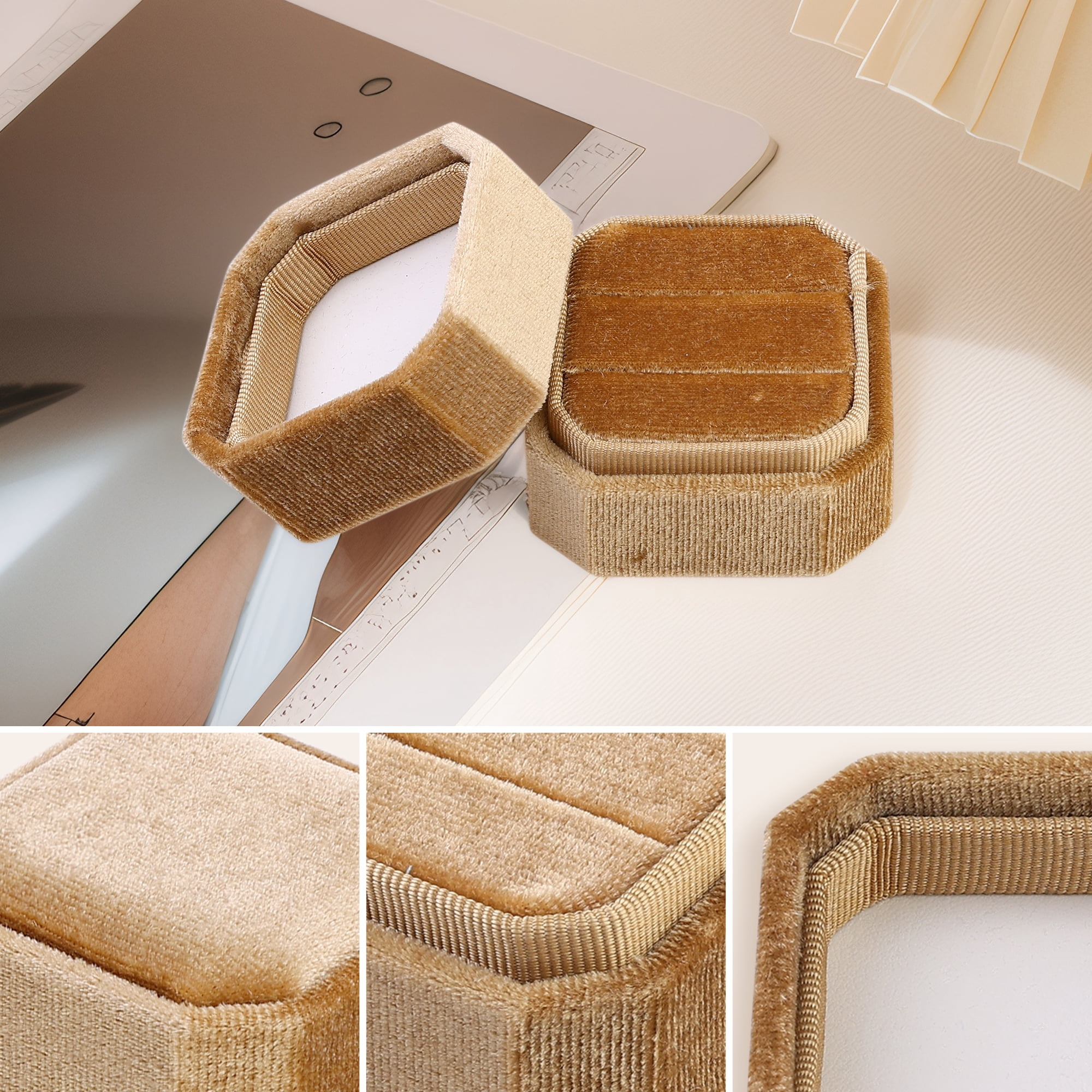 Velvet Ring Box for Proposal Engagement Wedding Ceremony Storage 2 Slots Golden Yellow