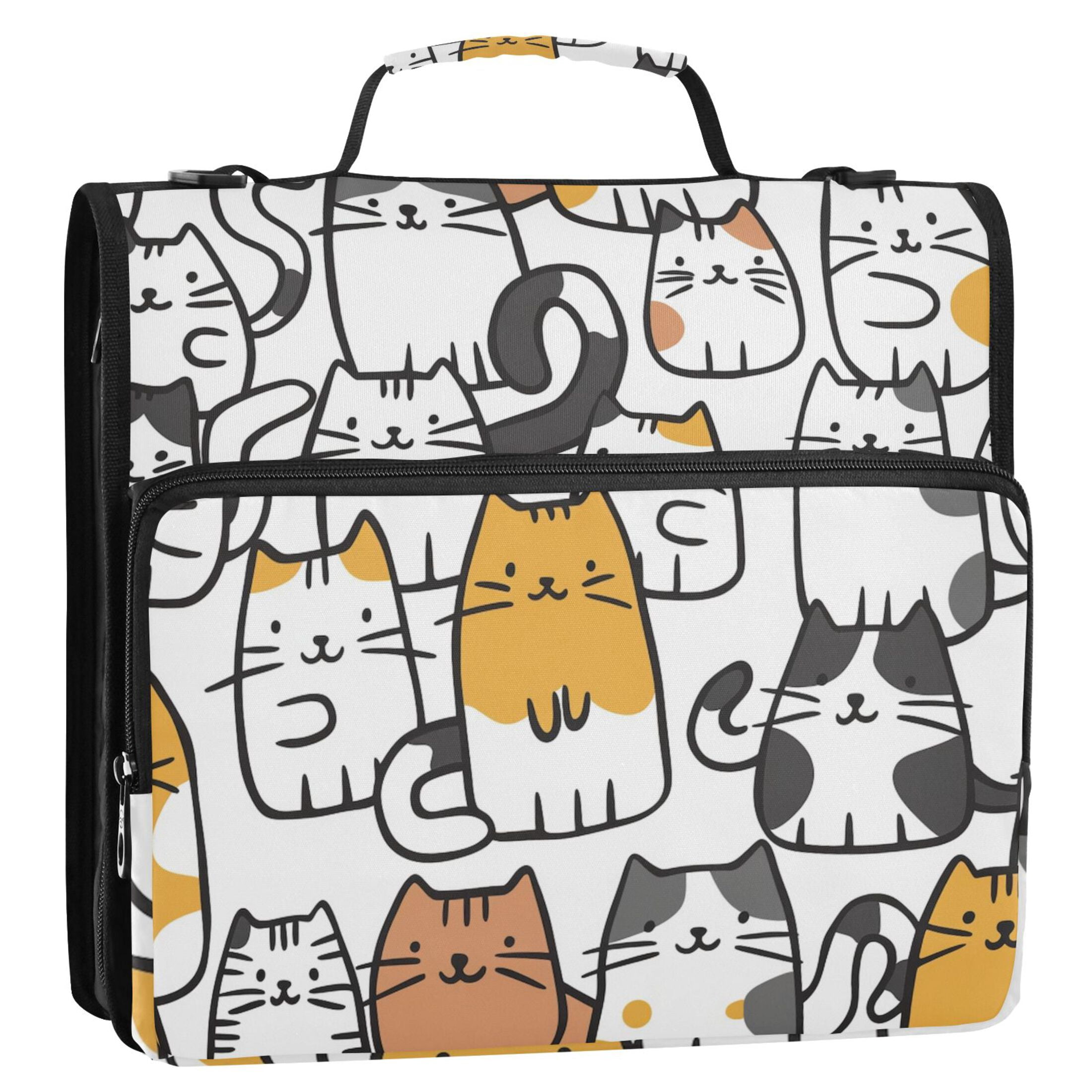 3 Ring Zipper Binder with Shoulder Strap Waterproof Trapper Keeper 2 Inch D-Ring 500 Sheets Capacity Cartoon Line Cats