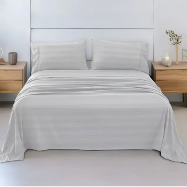 Juego De Sábanas Matrimonial 3000 Hilos Algodón Rayas Modelo Blanco