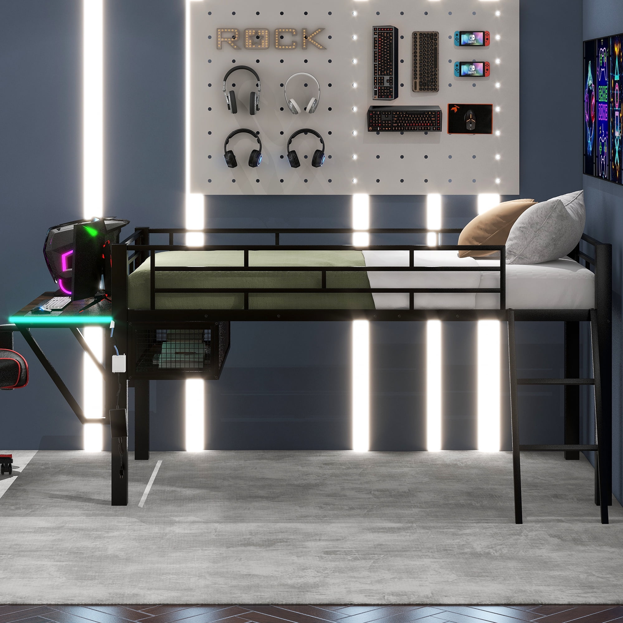 EUROCO Metal Gaming Bed with Desk and LED Light, Twin Loft bed for Kids Teens Adults