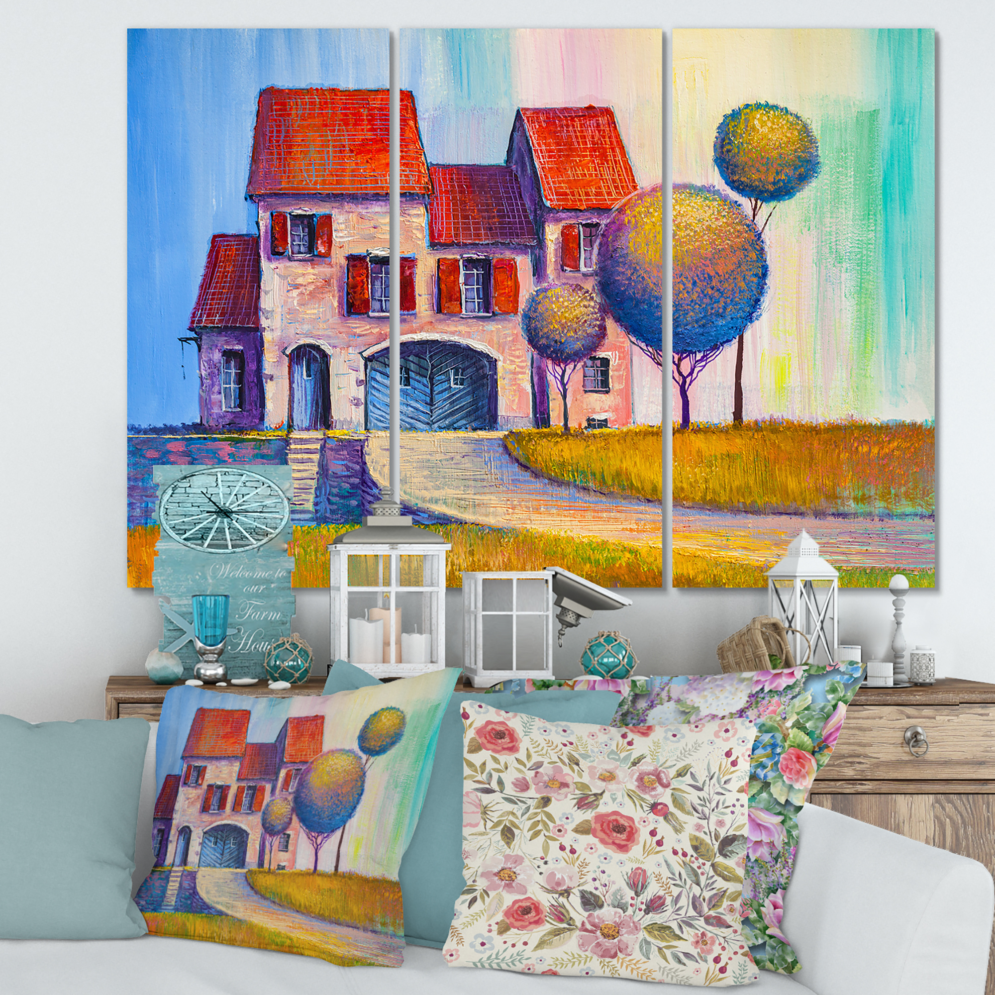 Designart ' A Red Roof House With In The Village ' Modern Canvas Wall Art Print