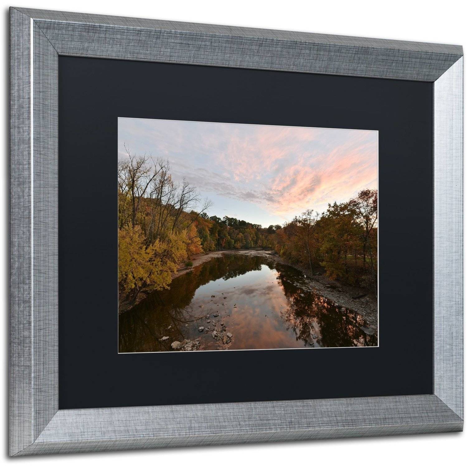 Trademark Fine Art "Rocky River Autumn Sunset" Canvas Art by Kurt Shaffer, Black Matte, Silver Frame