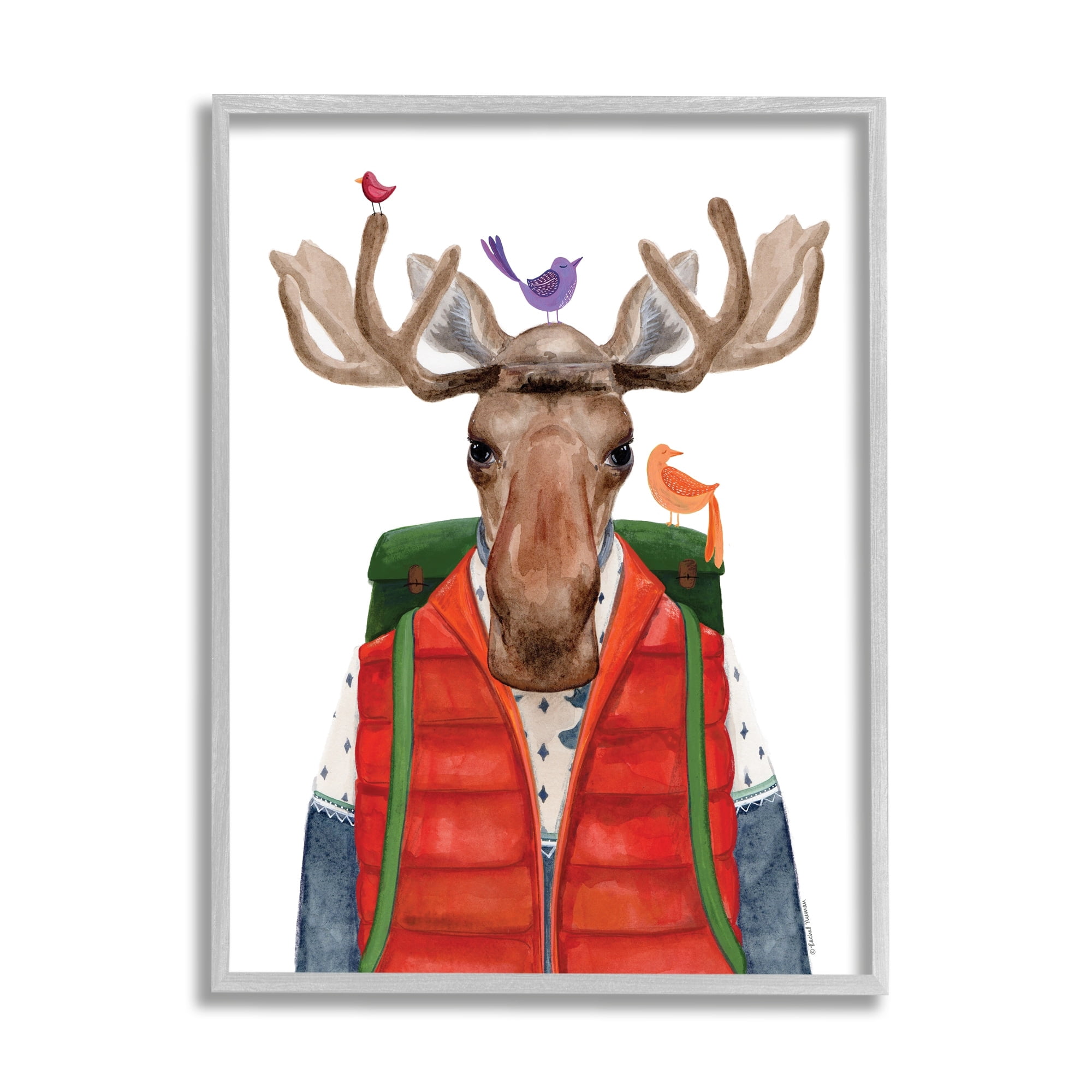 Stupell Industries Rustic Camp Attire Moose Antlers Perched Birds Framed Wall Art, 16 x 20, Design by Rachel Nieman