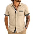 thumbnail image 1 of Camisas de Verano Casuales de los Hombres Impresas Camisa de Manga Corta Parchada para Hombres, Contraste Cuello Botón Arriba con Bolsillo de Pecho, 1 of 7