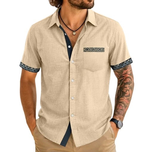 Camisas de Verano Casuales de los Hombres Impresas Camisa de Manga Corta Parchada para Hombres, Contraste Cuello Botón Arriba con Bolsillo de Pecho