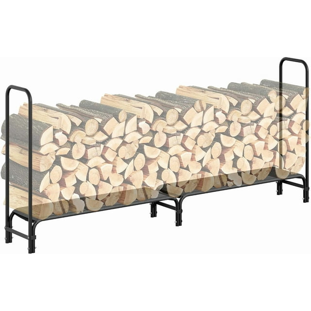 OUYAWEI 8FT FireWood Rack Stand,Outdoor Wood Storage Holder for Fireplace & Patio,Durable Steel Log Rack with ZippeRed Protection,Heavy Duty Wood Rack Keep FireWood Organized,Black