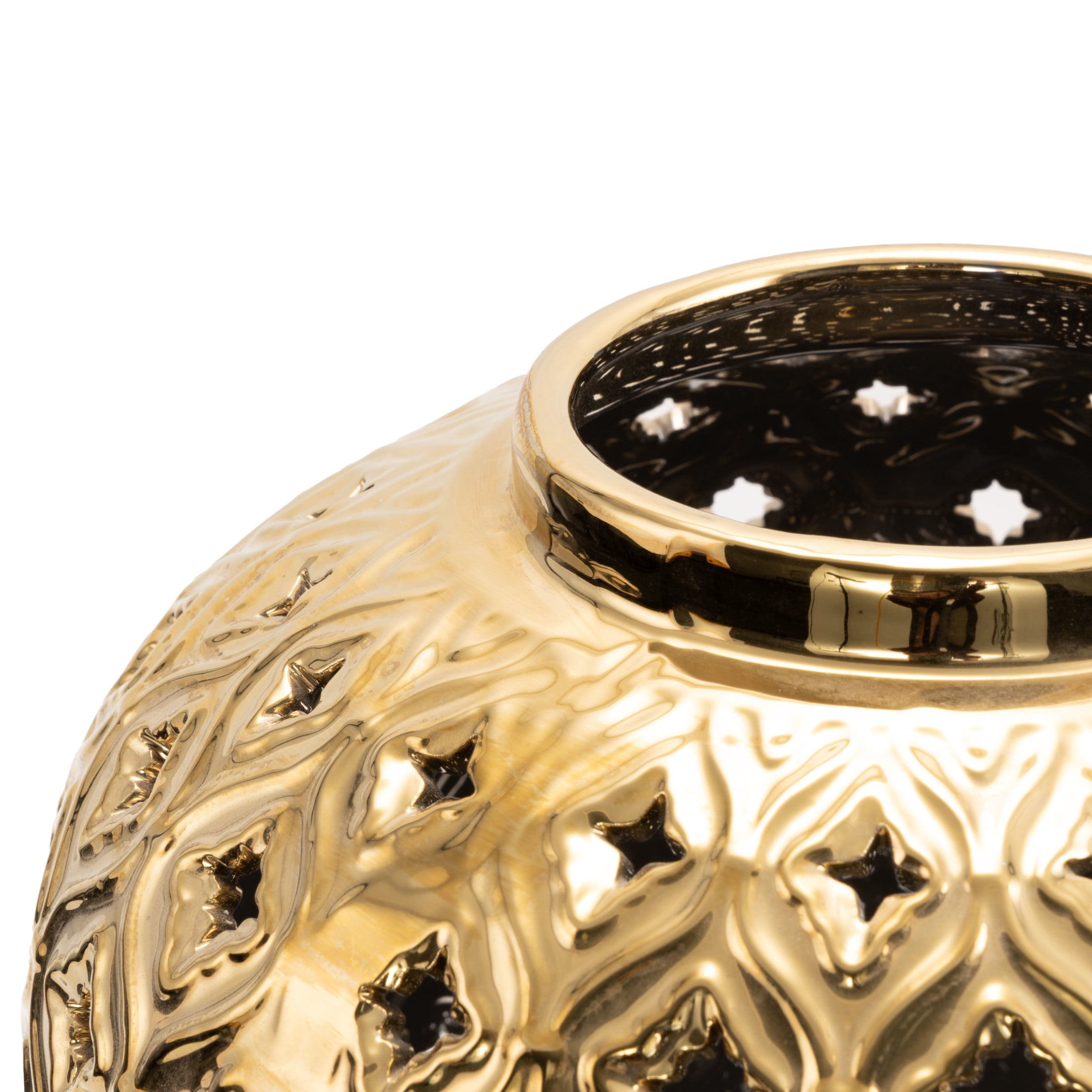 DecMode 10" x 18" Gold Ceramic Decorative Jars with Geometric Cutout Design and Lid, 1-Piece