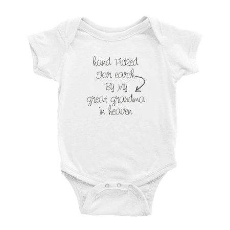 

Hand Picked for Earth By My Great Grandma In Heaven Funny Baby Romper Infant Boy Girl