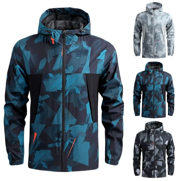 Winter Jackets for Men Camo Zipper Hooded Windbreaker Waterproof Bomber Jacket with Pockets Fall Casual Performance Loose Coats for Men Black L
