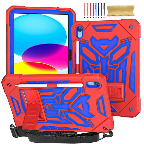 ELEHOLD Hybrid Rugged Case for iPad 10th Generation 10.9" 2022, Heavy Duty Shockproof Case with Hidden Foldable Kickstand Adjustable Crossbody Shoulder Strap Pencil Holder,Red Blue