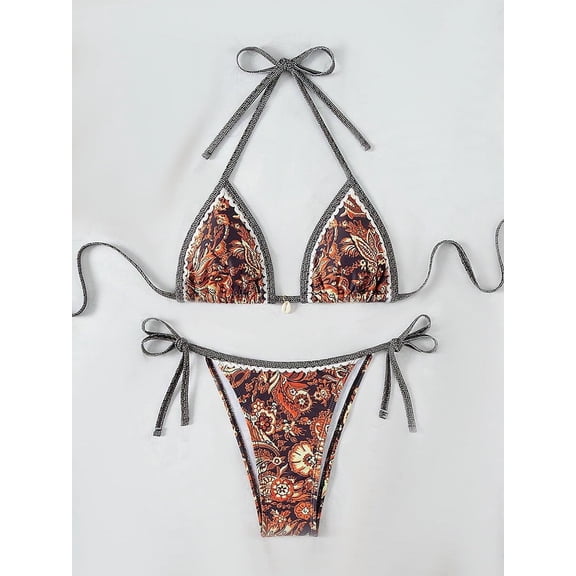 Top-kevin Women's Floral Printed Bathing Suit Halter Paisley Summer Swimsuit Bikinis Set