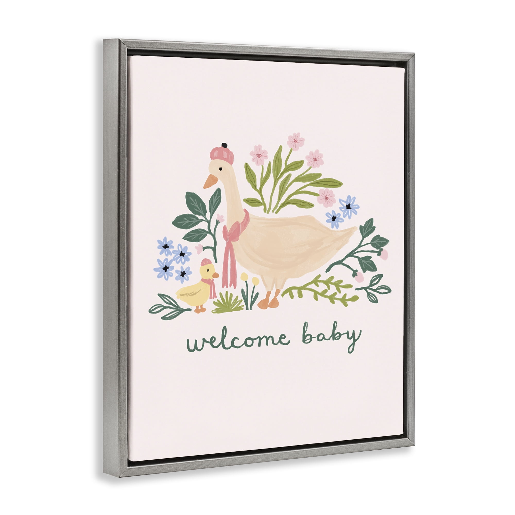 Stupell Industries Welcome Baby Floral Duck Animals Painting Gray Floater Framed Canvas Art Print Wall Art, 17 x 21