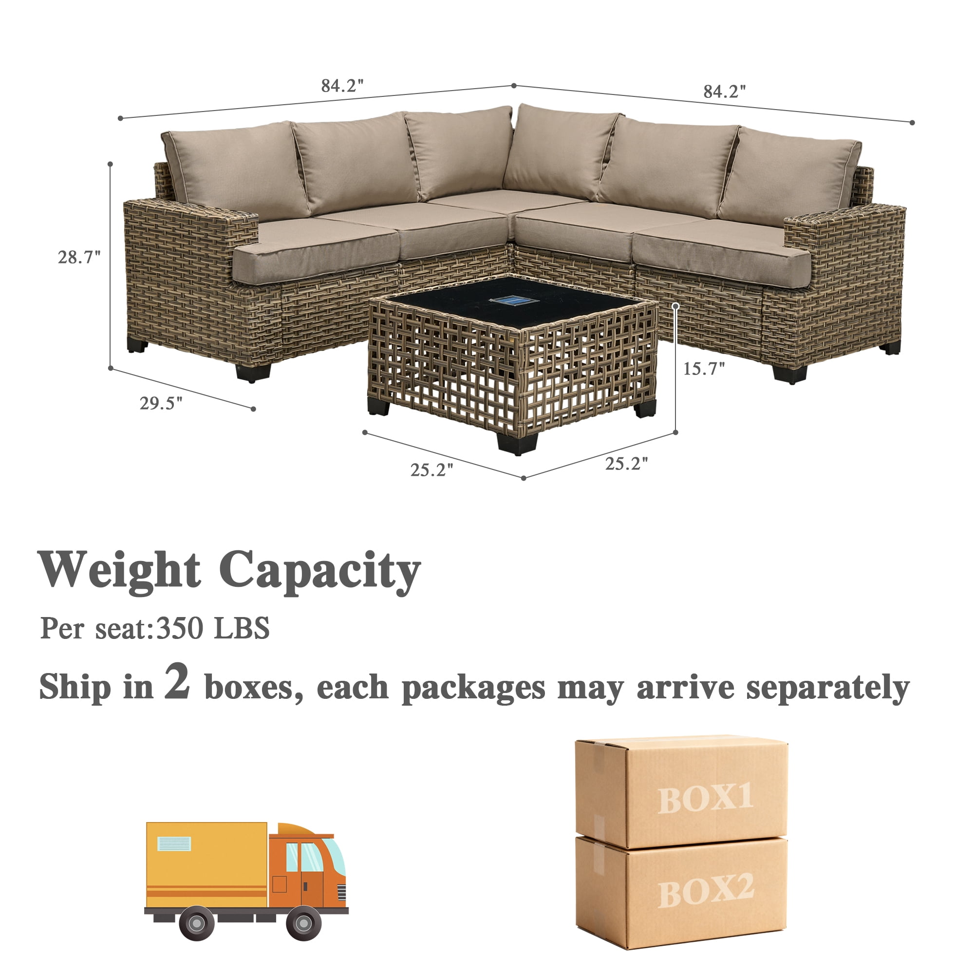 Ovios 6-Piece Outdoor Patio Furniture Set with Solar-Powered Lighted Coffee Table, All-Weather Wicker L-Shaped Sectional Sofa, Beige