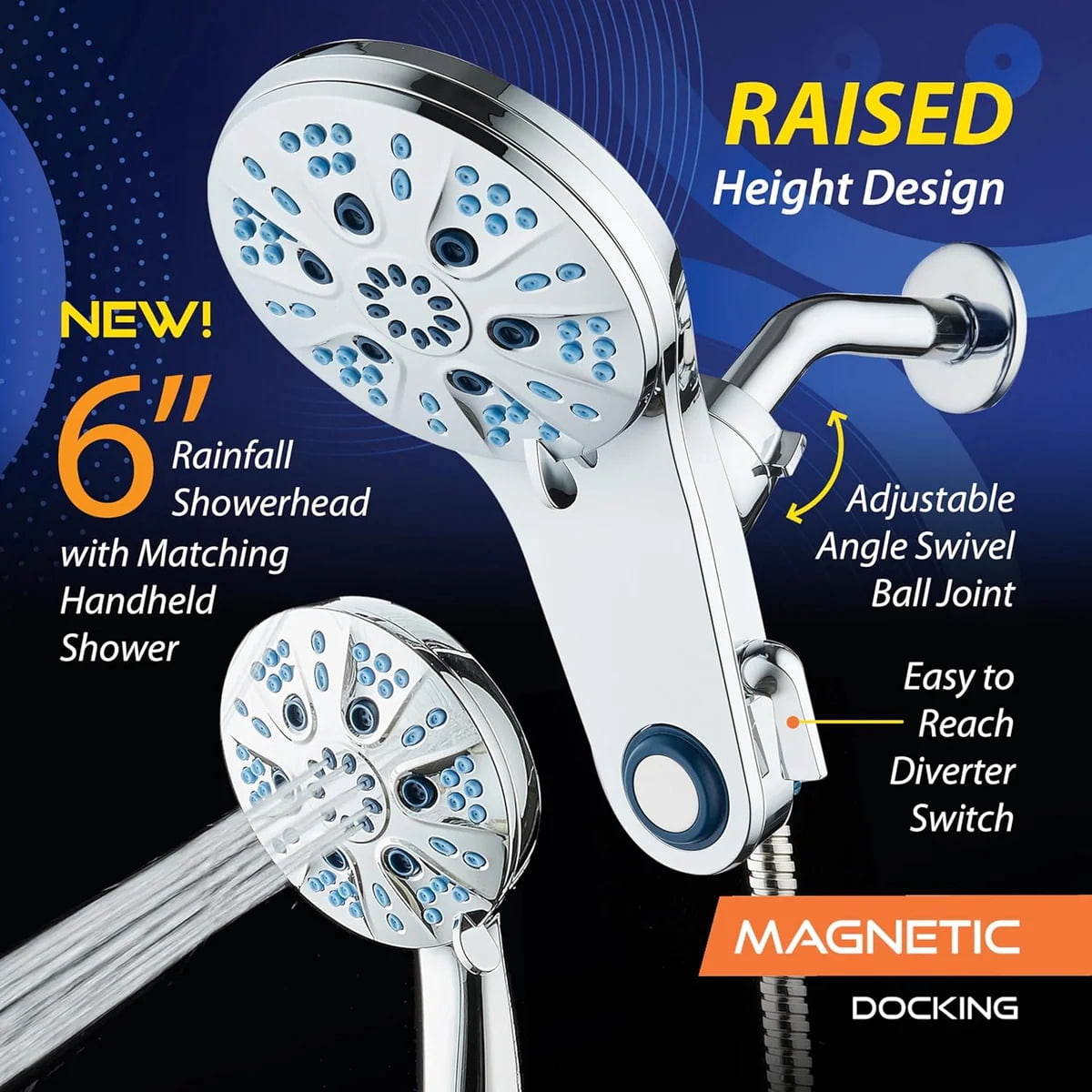 Magneton by AquaCare - High-pressure 48-setting 3-way Luxury 2-in-1 Dual Showerhead Combo with 6" Rain Showerhead, Antimicrobial Nozzles and Space-age Socket-Lock Magnetic Docking