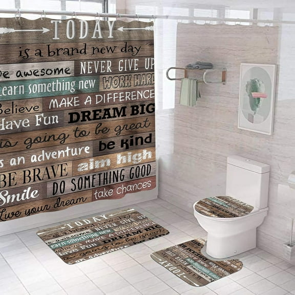 Bathroom Sets with Shower Curtain and Rugs,Bathroom Shower Curtain Sets 4PCS Motivational Quotes Bathroom Decor Sets, Shower Curtain Sets with Rugs, Toilet Lid Cover Bath Mat with 12 Hooks