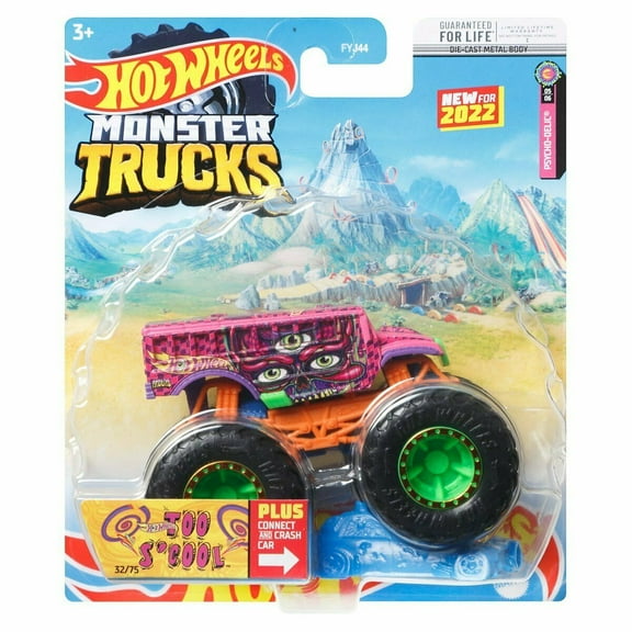DieCast Hot Wheels Monster Trucks Too S'Cool Bus (Pink) 32/75 - 1:64 Scale Truck with Connect and Crash Car