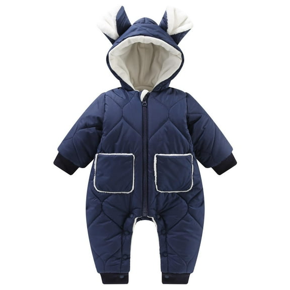 QUYUON Baby Winter Rompers Thicken Warm Fleece Lined Hooded Jumpsuits Zipper Front Pockets Long Sleeve Quilted Lightweight Puffer Jackets Coat One-Piece Rompers Snap Closure Navy 6 Months