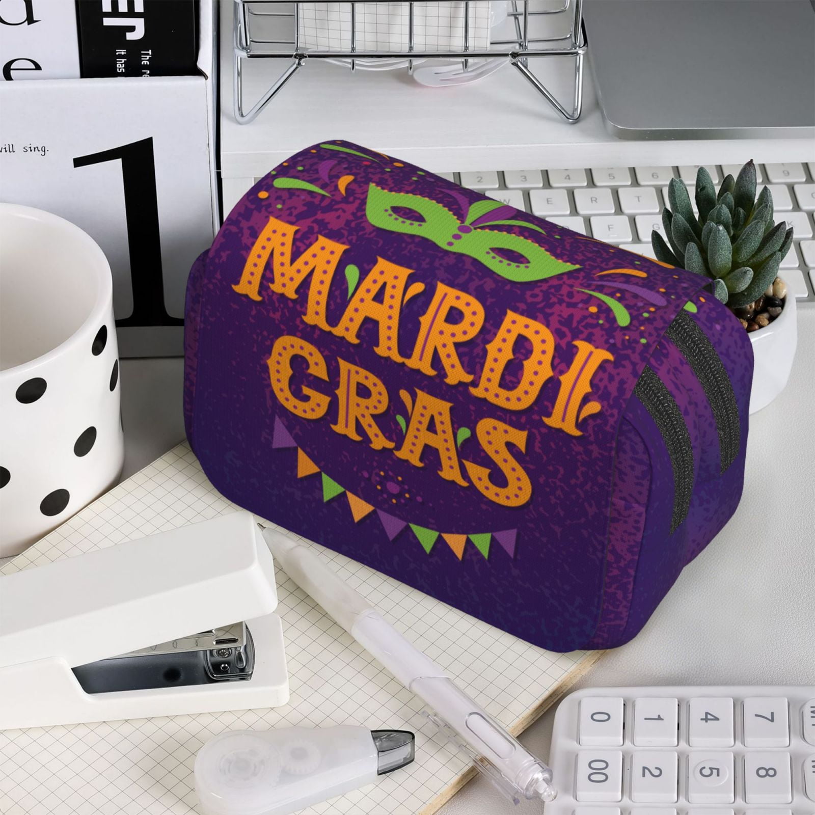 Rateoe Mardi Gras2 Pattern Double Clamshell Pen Case, Storage Organizer with Two Zipper Compartments– Holds Up to 50 Pencils & Pens