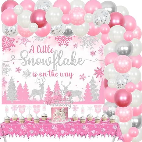 Snowflake Baby Shower Decorations, A Little Snowflake Is On The Way Backdrop Cake Topper Balloon Garland Arch Kit Tablecloth Pink for Girls Winter Baby Shower Party Supplies