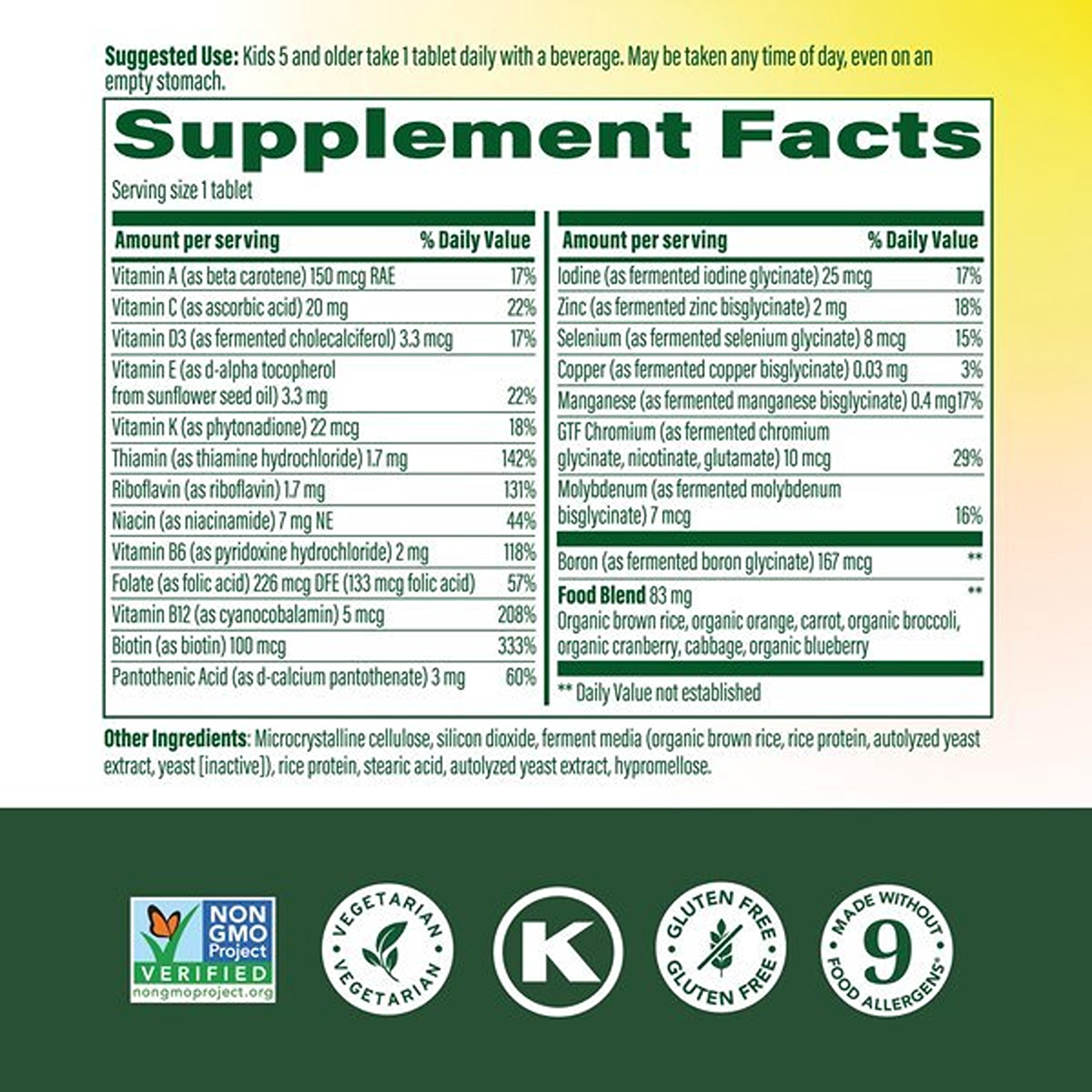 MegaFood Kids Mini Multivitamin - Zinc, Vitamins C, B & D3 - Vegetarian - 60 Servings