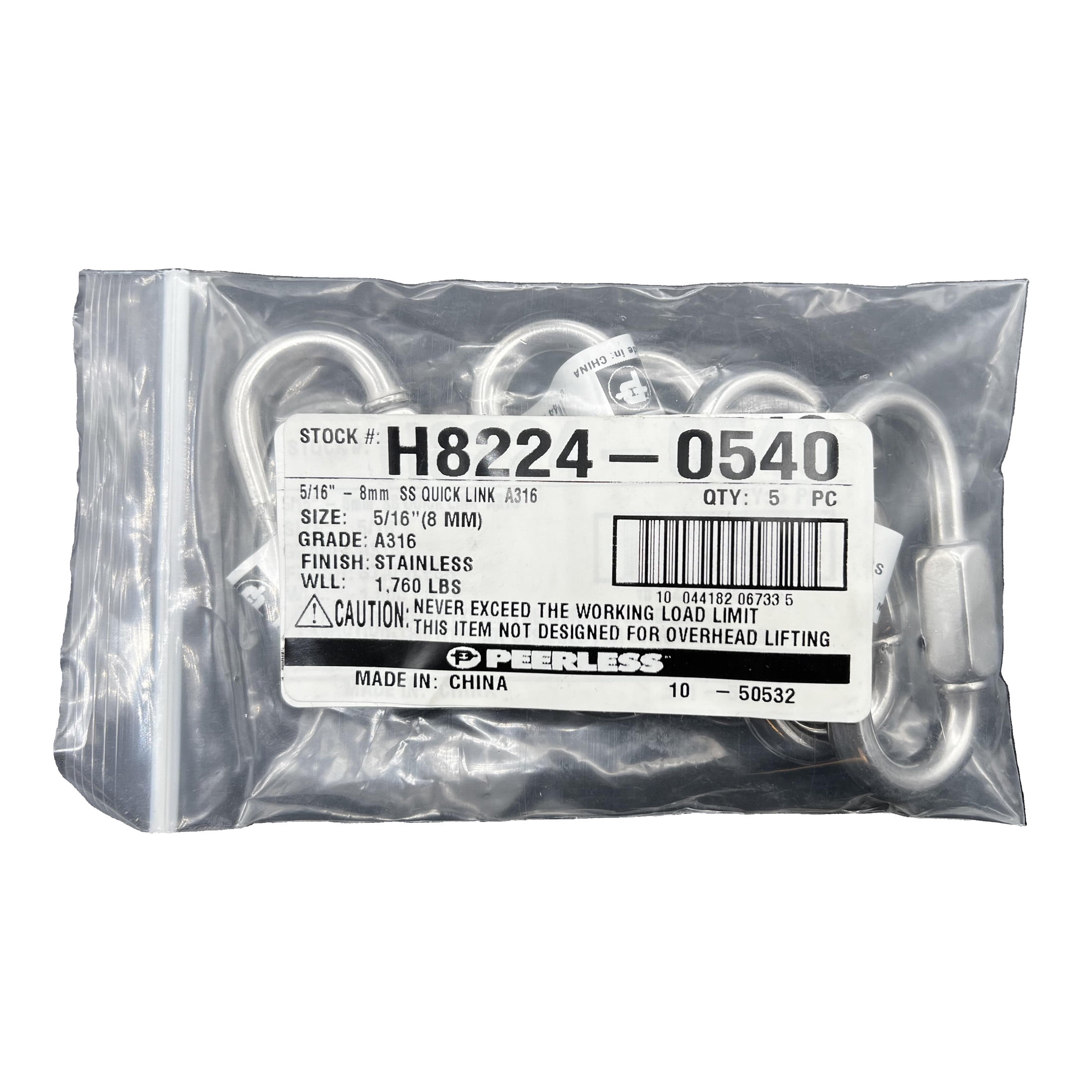 5/16" Stainless Steel Quick Links, 5 piece, A316,UPC tagged, Peerless Chain #H8224-0540