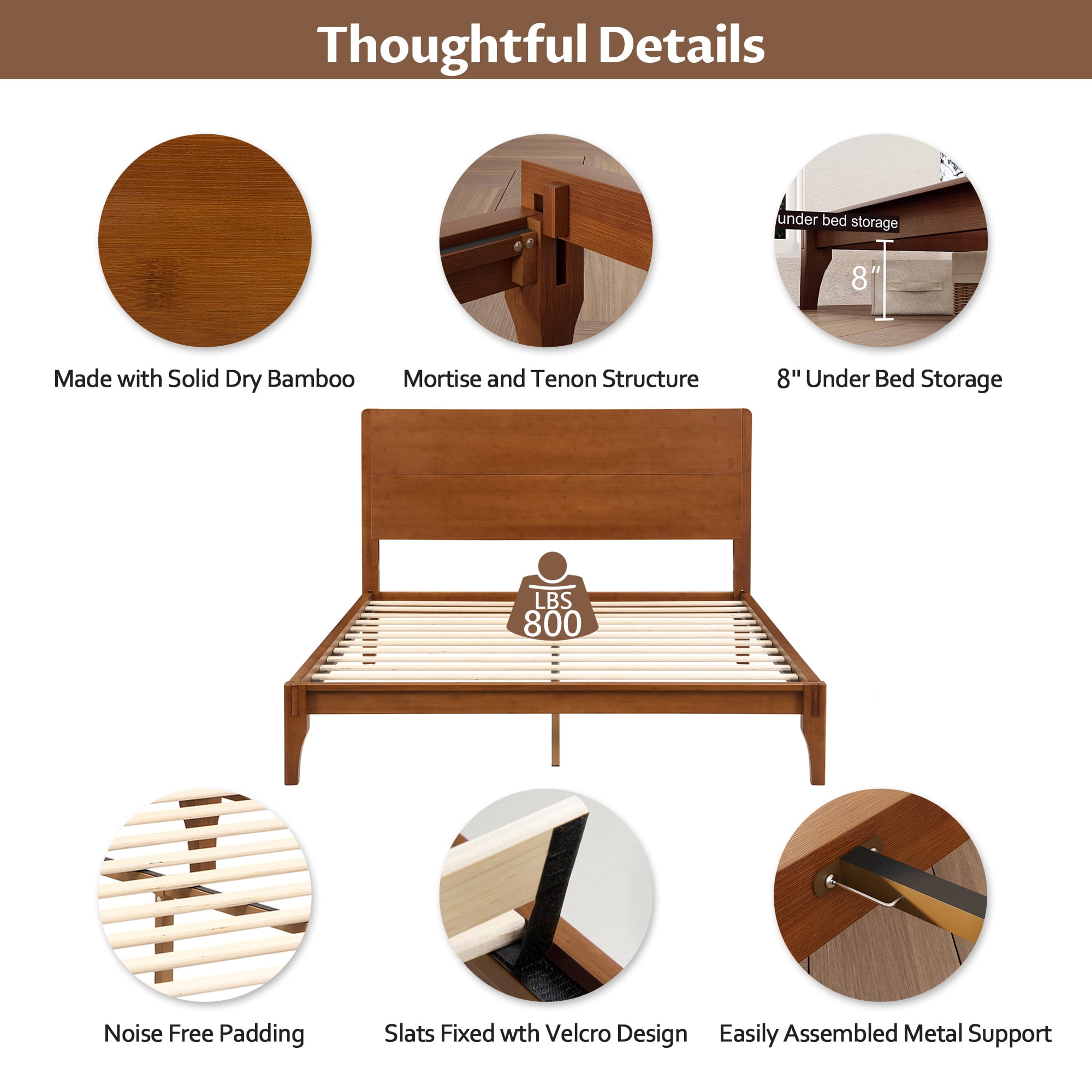 Euroco Mid-Century Queen Size Platform Bed, Bamboo Wood Bed for Bedroom, Brown