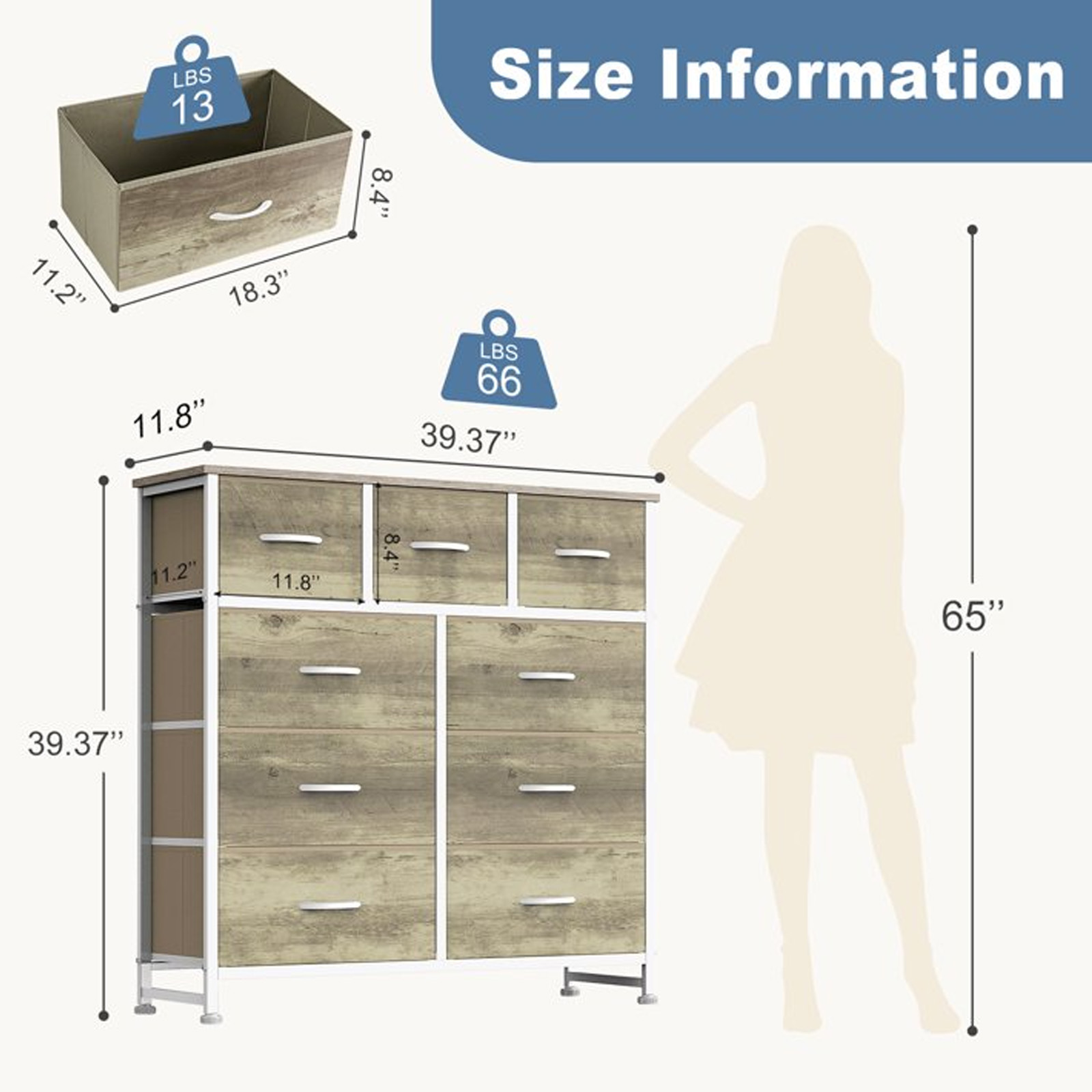 Nextay 9-Drawer Fabric Dresser for Bedroom, Storage Dresser Closet with Steel Frame & Wooden Top for Living Room, Dressing Room, Entryway, Greige Oak