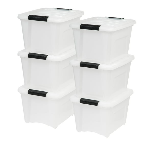 IRIS USA 19 Qt Stackable Plastic Storage Bins with Lids, 6 Pack - BPA-Free, Made in USA - Discreet Organizing Solution, Latches, Durable Nestable Containers, Secure Pull Handle - Pearl