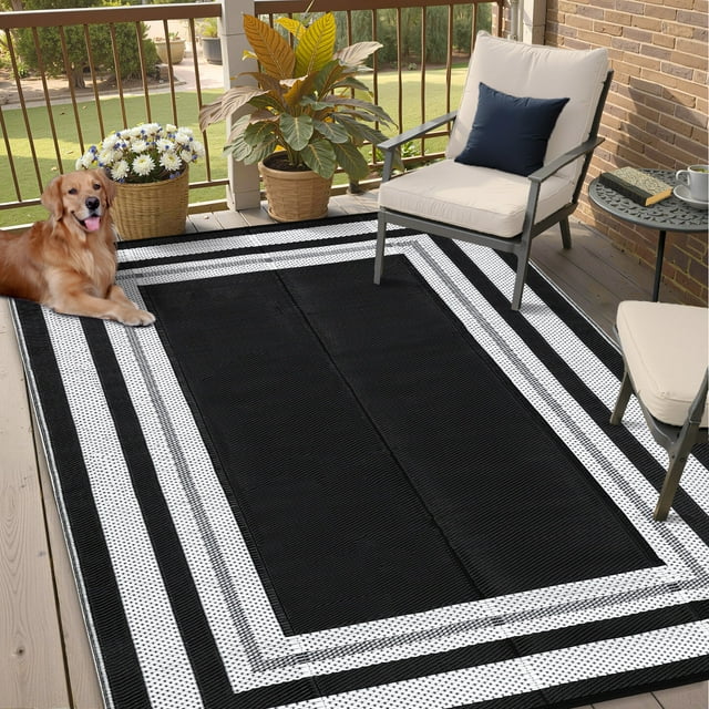 HOMERRY 10' x 14' Black White Geometric Outdoor Rug Straw Plastic Area Rug for Balcony Pool RV Waterproof Reversible Carpet