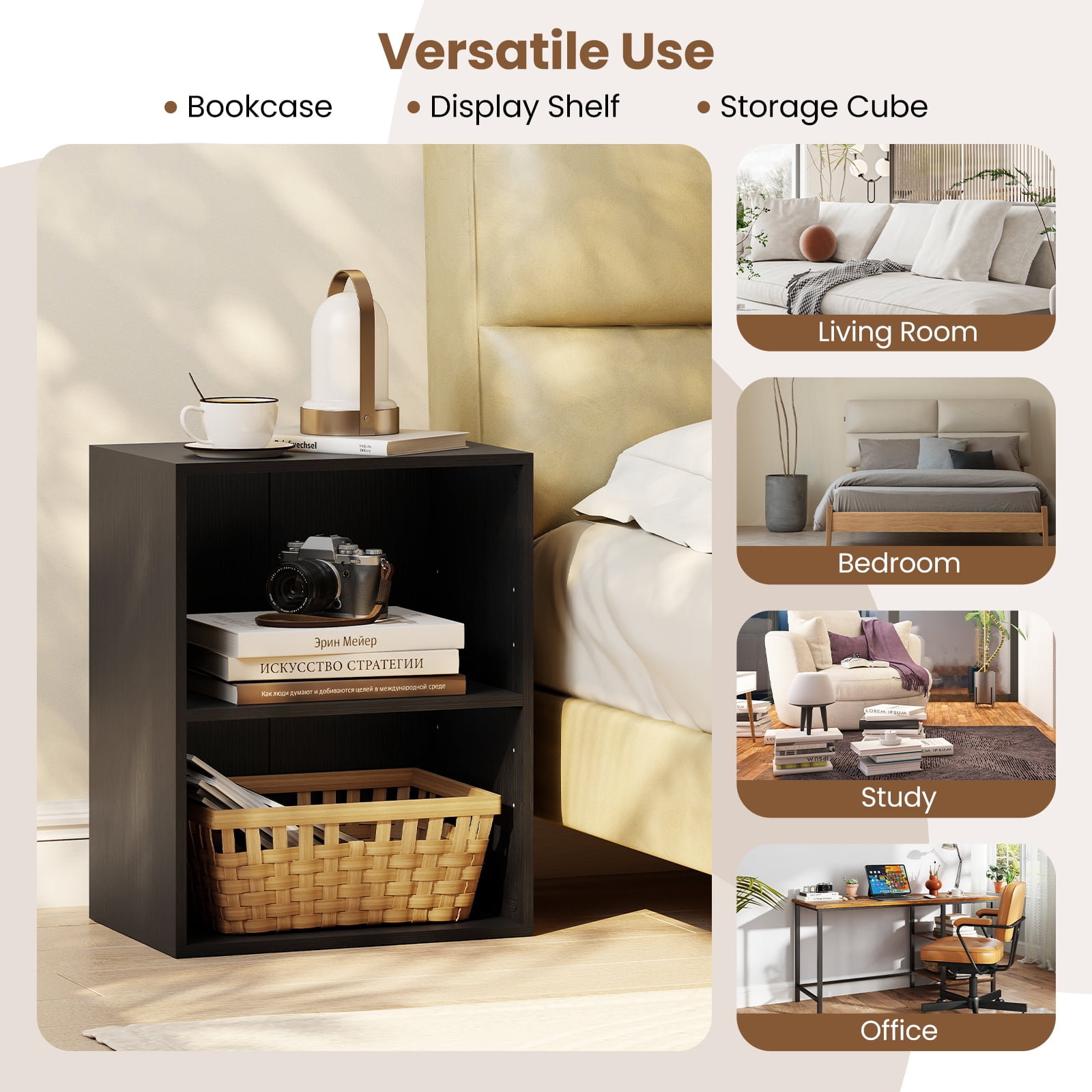 Gymax 2-Cube Bookcase w/ 5-Position Adjustable Shelf Anti-Toppling Kits for Study Black